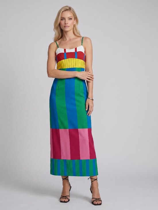 Dresses & Skirts - Women's Colorblock Striped Bodycon Maxi Dress Spaghetti Strap Slit Zipper Summer
